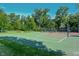 Outdoor basketball court with green surface surrounded by lush trees, benches, and a black fence at 14030 Avalon East Dr, Fishers, IN 46037