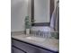 Bathroom vanity with gray countertop, undermount sink, framed mirror, and faucet with plant and soap dispenser at 1476 Anon Ct, Greenwood, IN 46143