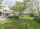 Expansive backyard with mature trees, lush greenery, and a patio area, perfect for outdoor entertaining at 31 N Restin Rd, Greenwood, IN 46142