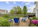Landscaped backyard with a cozy fire pit area, surrounded by comfortable blue Adirondack chairs at 5593 Ralfe Rd, Indianapolis, IN 46234