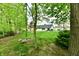 Spacious backyard with mature trees and a fire pit area at 5611 Burning Tree Ct, Indianapolis, IN 46239