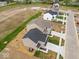 Overhead view displays new homes, driveways, and community layout, emphasizing neighborhood charm and modern construction at 564 Plowman Dr, Shelbyville, IN 46176