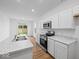 Modern kitchen with marble countertops, stainless appliances, white cabinets, and wood flooring with lots of natural light at 564 Plowman Dr, Shelbyville, IN 46176