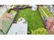 Aerial view of the property showcasing a large backyard with a fire pit, hot tub, shed and green lawn at 767 Fletcher Ave, Indianapolis, IN 46203