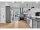 Modern kitchen featuring stainless steel appliances, a farmhouse sink, and stylish blue backsplash tiles at 767 Fletcher Ave, Indianapolis, IN 46203