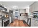 Modern kitchen with stainless steel appliances, white cabinets, and hardwood floors at 1107 N Hartman Dr, Indianapolis, IN 46219