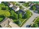 Aerial view of the neighborhood with mature trees and well-maintained lawns at 1454 Woodfield Dr, Greenwood, IN 46143