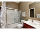 Bathroom featuring a glass enclosed shower, toilet, and vanity, offering modern convenience at 16285 Remington Dr, Fishers, IN 46037