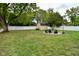 Large backyard with a fire pit and a storage shed at 1701 Lincoln Rd, Speedway, IN 46224