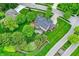 Aerial view of a home with a backyard patio, lush landscaping and a large green lawn at 3996 Brockton Manor N Dr, Greenwood, IN 46143