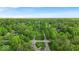 Expansive aerial view showcasing the property's lush landscaping, mature trees, and circular driveway at 6465 Lawrence Dr, Indianapolis, IN 46226