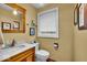 Half bathroom features a toilet, a wooden vanity with light countertop, and a large window at 6465 Lawrence Dr, Indianapolis, IN 46226