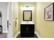 Stylish powder room with a black vanity, modern mirror, and elegant decor at 7716 Traders Hollow Ln, Indianapolis, IN 46278