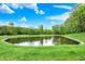Scenic view of a tranquil pond surrounded by green grass and mature trees, offering a serene setting at 7716 Traders Hollow Ln, Indianapolis, IN 46278