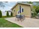 A concrete patio with table, chairs, and umbrella in the backyard offers a nice outdoor space at 944 N Harbison Ave, Indianapolis, IN 46219