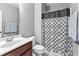 Compact bathroom featuring a modern vanity, sleek fixtures, and a shower with stylish curtain at 10504 Ruxton Ct, Fishers, IN 46040