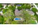 Aerial view featuring a private backyard oasis with a swimming pool and mature trees providing shade and seclusion at 265 Monticello Dr, Greenwood, IN 46142