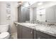 Bathroom with custom cabinets, a granite countertop, a modern sink and a walk-in shower at 6938 Rio Grande Dr, Indianapolis, IN 46217