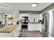 Charming kitchen featuring white cabinetry, stainless steel appliances, a mosaic backsplash, and a cozy butcher block island at 8103 Laughlin Dr, Indianapolis, IN 46219