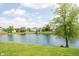 Scenic pond view with lush green grass and mature trees surrounding the tranquil water at 905 N Main St, Fortville, IN 46040