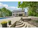 Outdoor spa area and backyard with outdoor seating, a swimming pool, and lush landscaping, perfect for entertaining at 9155 Kerwood Dr, Indianapolis, IN 46240