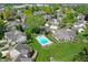 Overhead view of neighborhood homes with a community pool and lush green spaces at 11614 Buttonwood Dr, Carmel, IN 46033