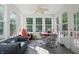 Bright sunroom with many windows and natural light, ceiling fan, casual seating, and access to the outdoors at 12065 Gray Eagle Dr, Fishers, IN 46037