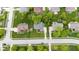 Property aerial showcases manicured lawns, mature trees, brick home and neighborhood at 13248 Blacktern Way, Carmel, IN 46033