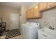 Bright laundry room features a washer, dryer, utility sink, cabinets, and a door to the outside at 14018 Powder Dr, Carmel, IN 46033