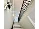 Modern staircase with black and white accents, recessed lighting, and a stylish wall fixture at 1721 Thaddeus St, Indianapolis, IN 46203