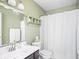 Well-lit bathroom with neutral wall paint, white shower curtain, and toilet at 2403 N Delaware St, Indianapolis, IN 46205