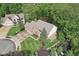 An aerial view of a brick home with well-manicured lawn, mature trees, and an outdoor playset at 2884 Brook Vista Dr, Carmel, IN 46032