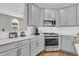 Modern kitchen with gray cabinets, stainless steel appliances, subway tile backsplash, and quartz countertops at 3546 Brampton Ln, Westfield, IN 46074