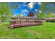 Spacious backyard deck perfect for outdoor gatherings, with a stone house and a lush green lawn at 444 Buffalo Dr, Indianapolis, IN 46217
