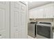 Functional laundry room showcasing modern washer and dryer with white cabinets at 4732 Ferguson Rd, Indianapolis, IN 46239