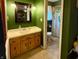 Bathroom featuring green walls, wood vanity, and a shower with patterned curtain at 10946 Maze Rd, Indianapolis, IN 46259
