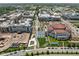 Wide aerial shot showing rooftops of residential buildings with green spaces, a street and the surrounding cityscape at 127 Monon Green Blvd, Carmel, IN 46032