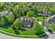 Bird's-eye view of a grand brick home nestled among mature trees, landscaped gardens, and a curved driveway at 13827 Driftwood Dr, Carmel, IN 46033