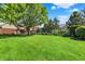 Large green backyard showcasing mature trees, lush grass, a black metal fence, and partial house view at 13827 Driftwood Dr, Carmel, IN 46033