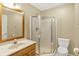 Bathroom featuring a shower, wood framed mirror, and a sink with a wooden cabinet at 13827 Driftwood Dr, Carmel, IN 46033