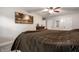 This spacious bedroom features neutral walls, a ceiling fan, and a calming decorative painting on the wall at 15203 Shoreway Ct, Carmel, IN 46032
