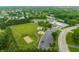 Aerial view showcasing community amenities including a pool, playground, volleyball court, green spaces, and parking area at 15203 Shoreway Ct, Carmel, IN 46032