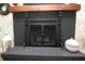 A close-up of a black brick fireplace with a metal screen and hearth at 15203 Shoreway Ct, Carmel, IN 46032