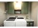 Well-lit laundry room features a white washer and dryer, with storage and utility sink at 15203 Shoreway Ct, Carmel, IN 46032
