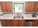 Kitchen view highlighting the stainless steel sink, wood cabinets, and modern backsplash at 296 W Greencastle Rd, Mooresville, IN 46158