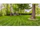Spacious backyard featuring a well-maintained lawn, mature trees, and a charming shed at 411 Woodland W Dr, Greenfield, IN 46140