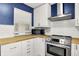 A kitchen features white cabinets, stainless steel appliances, butcher block countertops, and subway tile backsplash at 5840 Brouse Ave, Indianapolis, IN 46220