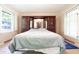 This bedroom features a large bed with a unique headboard with mirrors and a light blue bedspread at 6334 Teak Ct, Indianapolis, IN 46217