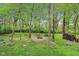 Backyard firepit surrounded by mature trees with logs stacked nearby on a grassy lot for outdoor gatherings at 8745 Providence Dr, Fishers, IN 46038
