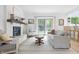 Bright living room with fireplace, wood floors, large windows and access to the back yard at 10429 Lasalle Rd, Carmel, IN 46033